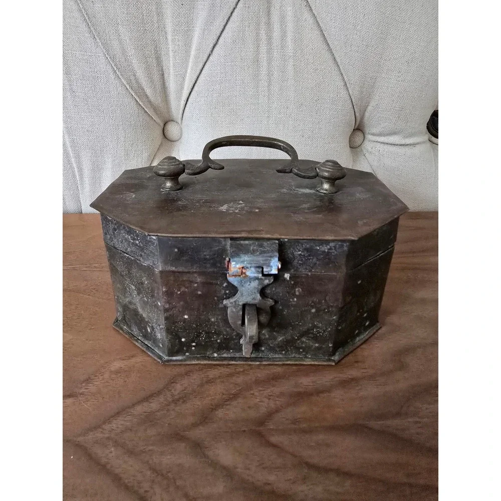 Antique brass octagonal trinket box with handle & latch
